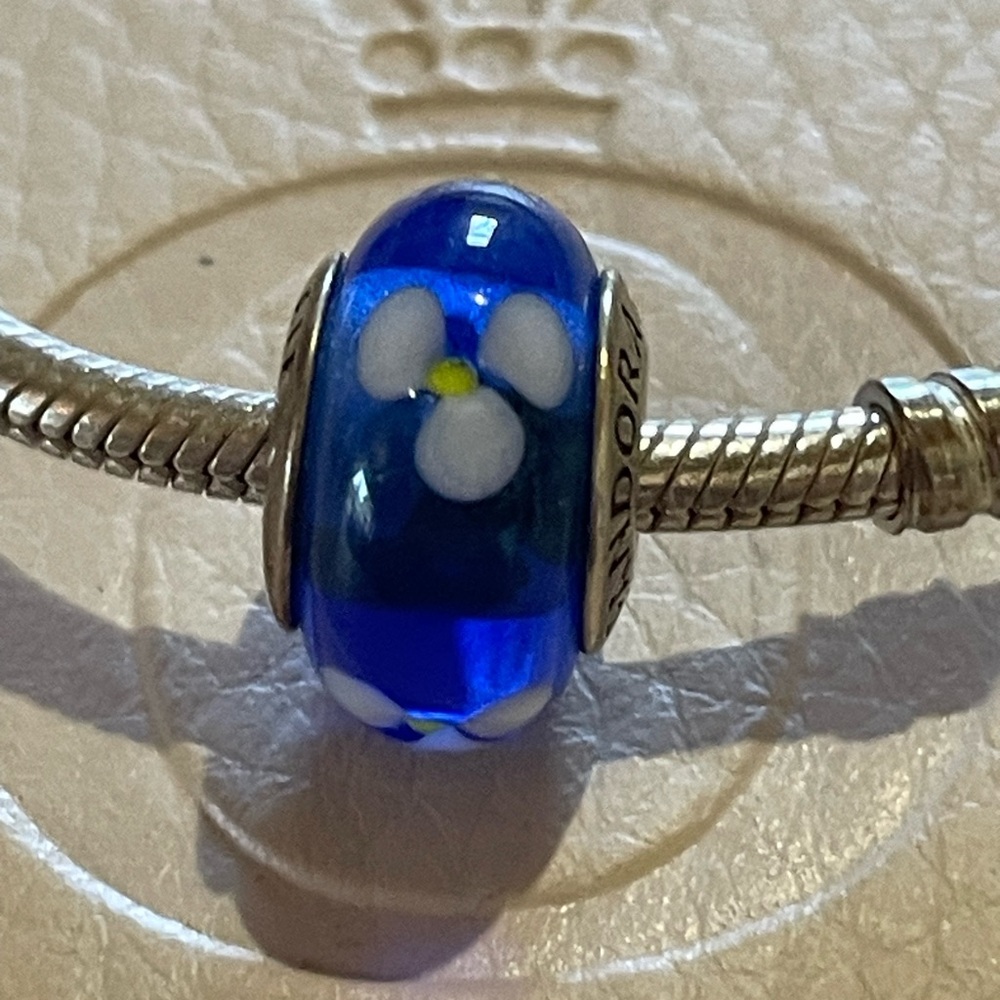 Pandora Blue White and Yellow Floral Murano Glass Charm
